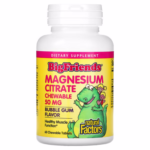 Natural Factors, Big Friends, Magnesium Citrate, Bubble Gum, 50 mg, 60 Chewable Tablets