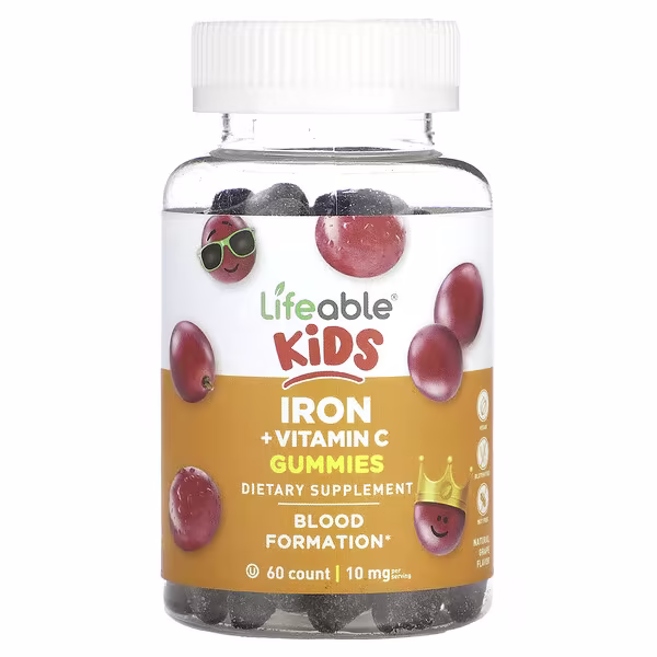 Lifeable, Kids Iron + Vitamin C Gummies, Natural Grape, 60 Gummies