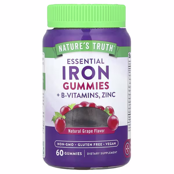 Nature's Truth, Essential Iron + B-Vitamins, Zinc Gummies, Natural Grape, 60 Gummies
