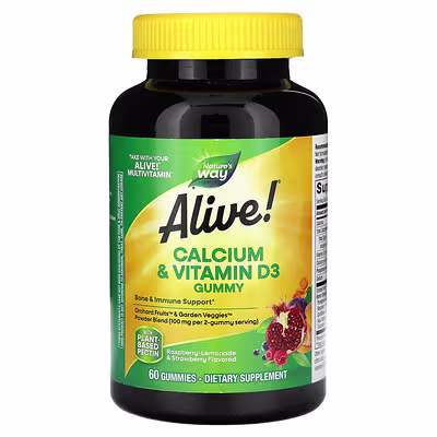 Nature's Way, Alive! Calcium & Vitamin D3 Gummy, Raspberry-Lemonade & Strawberry, 60 Gummies