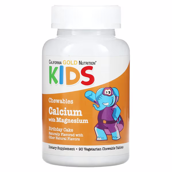 California Gold Nutrition, Chewable Calcium with Magnesium For Children, Birthday Cake, 90 Vegetarian Tablets