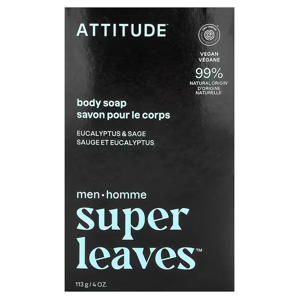 ATTITUDE Super Leaves™ Men’s Body Bar Soap Eucalyptus & Sage, EWG Verified®,113 g