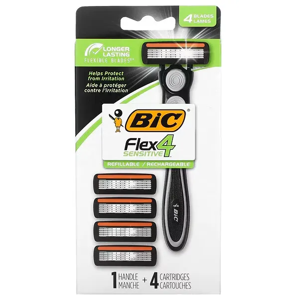 BIC, Flex 4 Sensitive, 1 Handle, 4 Cartridges