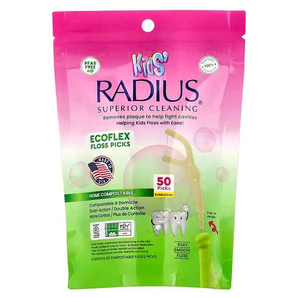 RADIUS, Kids, EcoFlex Floss Picks, Bubblegum, 50 Compostable Floss Picks