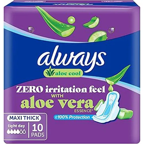 Always Cool and Dry Feminine Pads With Aloe Vera, Maxi Thick Large ,10 pcs