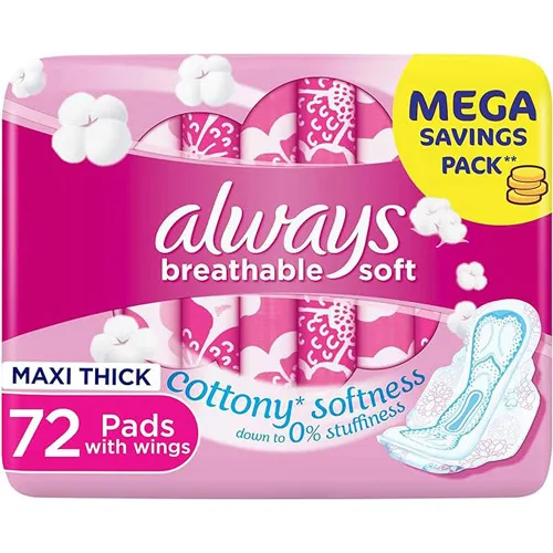 Always Cotton Softness Feminine Pads, Maxi Thick Large, 72 pcs