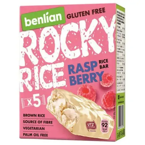 Benlian Rice Bars Rocky Rice Topped with Milk Cream and Raspberry, 90g, 5 pieces
