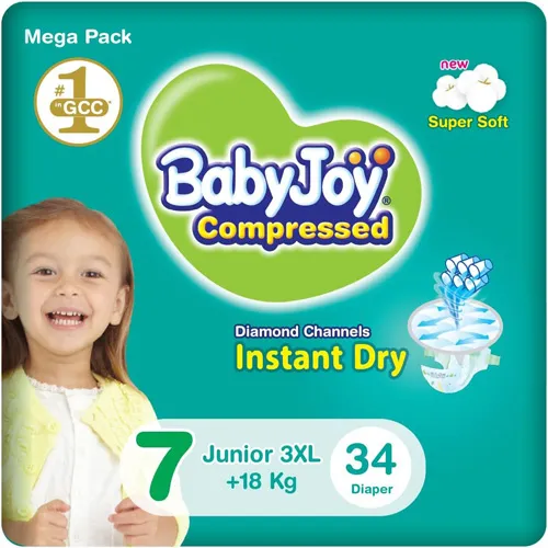 Compressed Diamond Pad Diaper Mega Pack by Babyjoy 3XL 7, 34 Count +18 kg