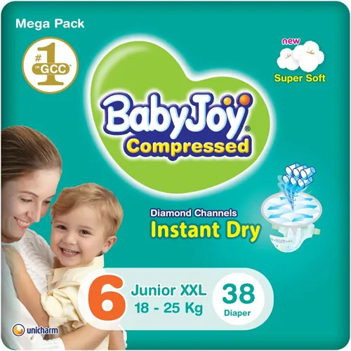 Compressed Diamond Pad Diaper Mega Pack by Babyjoy XXL 6, 38 Count Up to 25 kg