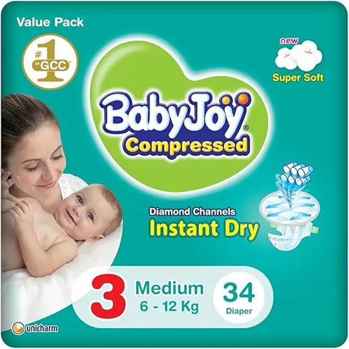 Compressed Diamond Pad Diaper Value Pack by Babyjoy Medium 3, 34 Count Up to 12 kg