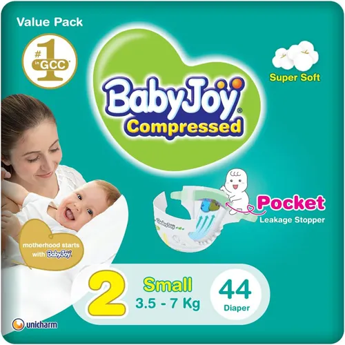 Compressed Diamond Pad Diaper Value Pack by Babyjoy Small Size 2, 44 Count Up To 7 Kg