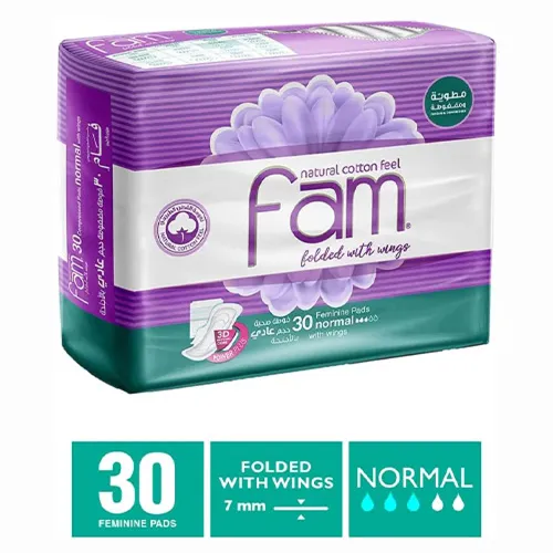 Fam Natural Cotton Feel Feminine Pads,Normal,30 pcs