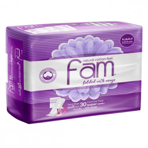 Fam Natural Cotton Feel Feminine Pads,Super,30 pcs