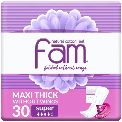 Fam Natural Cotton Feel without wings Feminine Pads,Super maxi thick,30 pcs