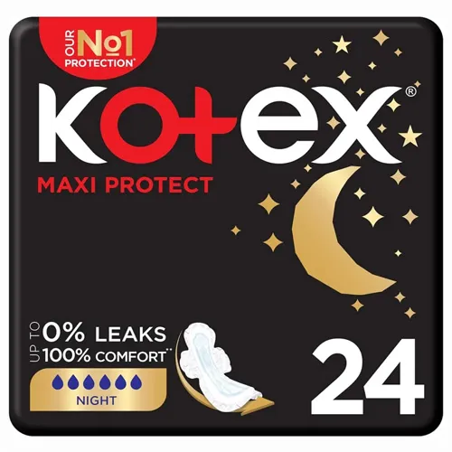 Kotex Feminine Pads Zero Leaks Night, Maxi, Super, 24 pcs