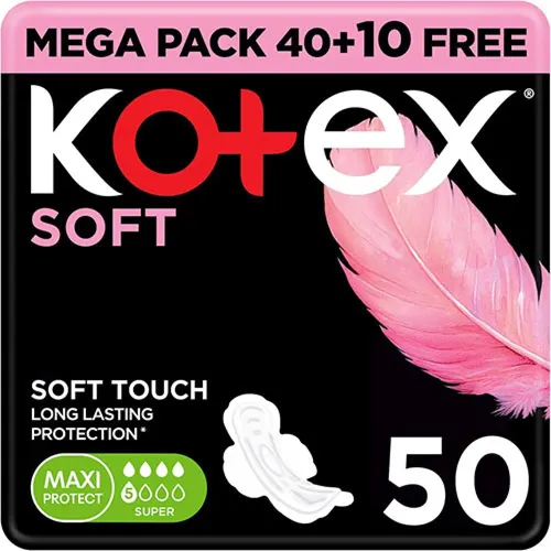 Kotex Soft Feminine Pads Zero Leaks Night , Maxi, Super, 40 pcs (+10 free)