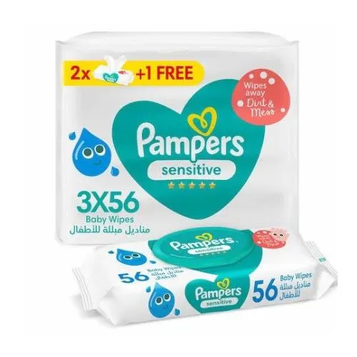 Pampers Sensitive Protect Baby Wipes, Zero Alcohol and Perfume, 56 Wipes (2+1 Offer)