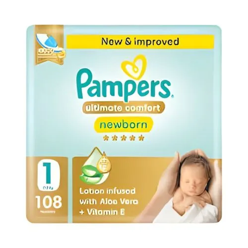 Pampers Ultimate Comfort Diapers with Aloe Vera Cream, Size 1, 108 pcs