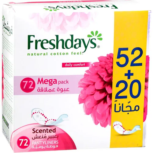 فوط صحية نسائية من فريش دايز، قطن الطبيعي، معطرة، عادية، 52 قطعة , +20 قطعة مجانية