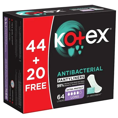Kotex Antibacterial Feminine Pantyliners, Long, 44 pcs (+20 free)