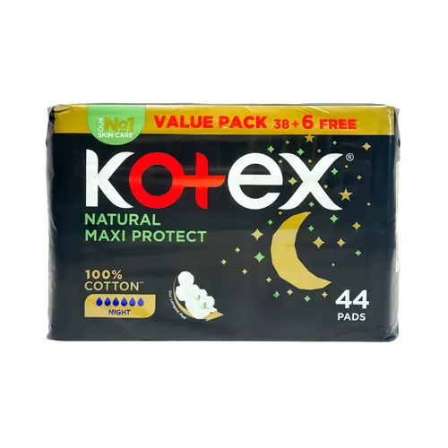 Kotex Natural Cotton Feminine Pads Night, Maxi Thick, 38 pcs (+6 free)