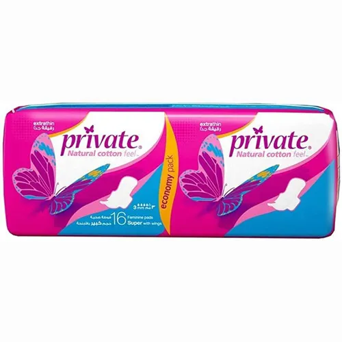 Private Natural Cotton Feel Feminine Pads, Etra Thin, Super, 16 pcs