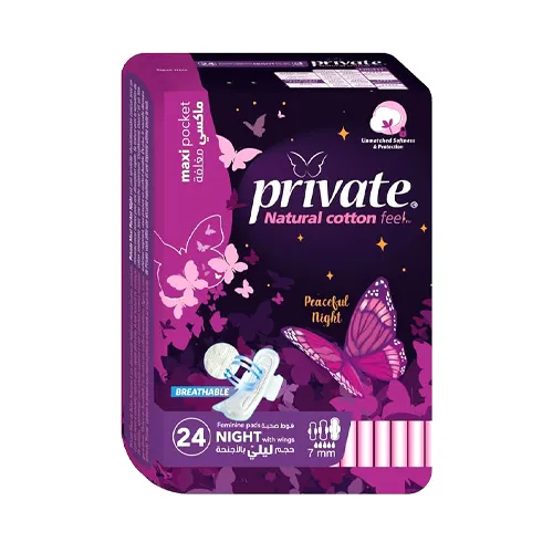 Private Natural Cotton Feel Feminine Pads, Maxi, Night, 24 pcs