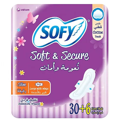 Sofy Soft And Secure Cotton Feminine Pads, Slim, Large, 30 pcs (+6 extra)
