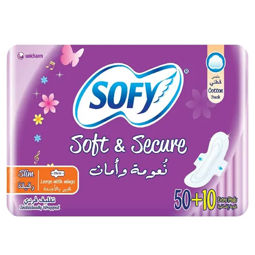 Sofy Soft And Secure Cotton Feminine Pads, Slim, Large,50 pcs (+10 extra)