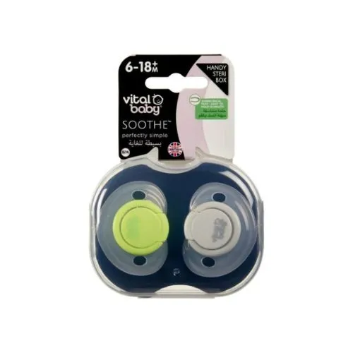 Vital Baby Airflow Silicone Pacifiers (Grey & Green), 6–18 Months, 2 Pieces